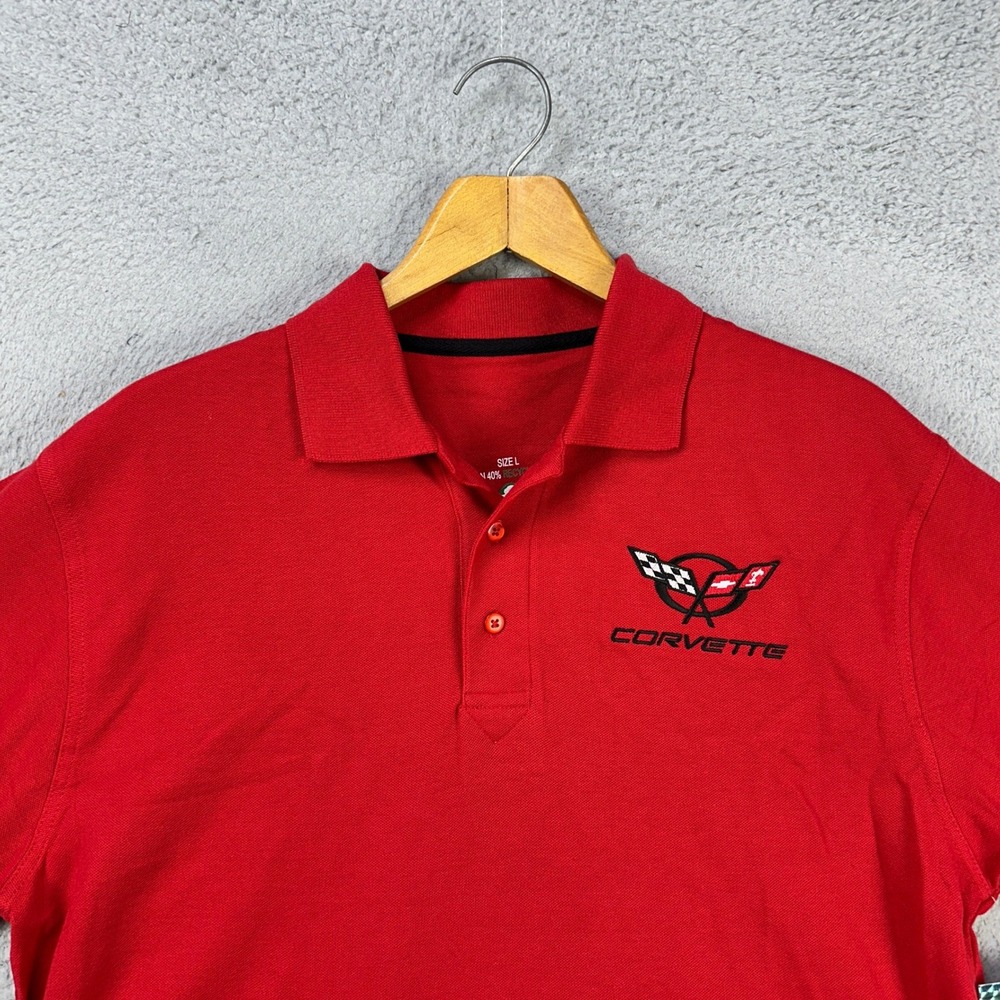 General Motors Mens Corvette Polo Shirt Large Red Short Sleeve Rugby Casual NEW